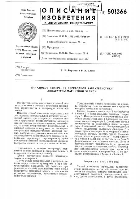 Способ измерения переходной характеристики аппаратуры магнитной записи (патент 501366)