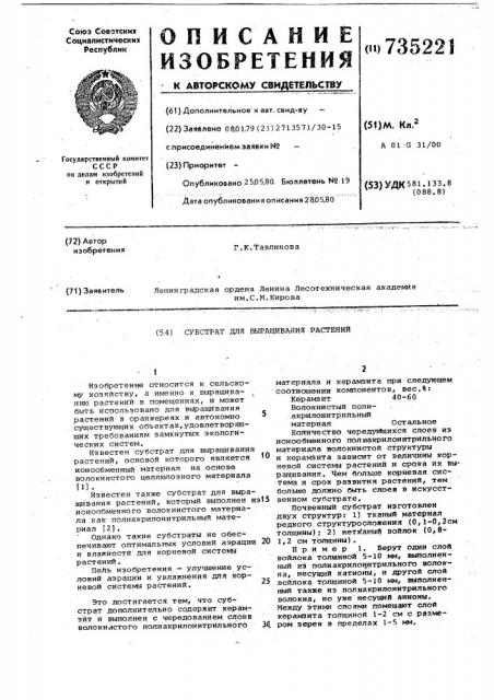 Субстрат для выращивания растений (патент 735221)