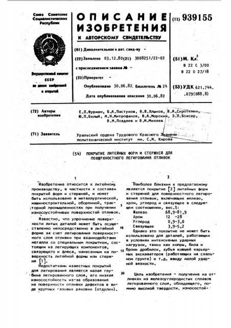 Покрытие литейных форм и стержней для поверхностного легирования отливок (патент 939155)