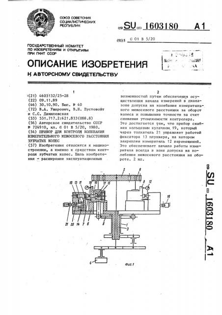 Прибор для контроля колебания измерительного межосевого расстояния зубчатых колес (патент 1603180)