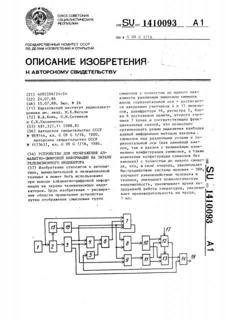 Устройство для отображения алфавитно-цифровой информации на экране телевизионного индикатора (патент 1410093)