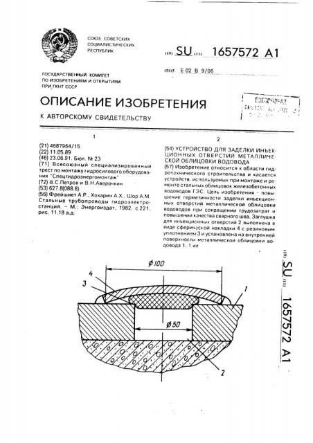 Устройство для заделки инъекционных отверстий металлической облицовки водовода (патент 1657572)