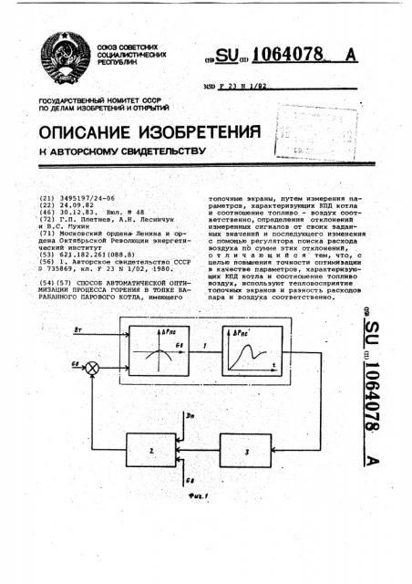 Способ автоматической оптимизации процесса горения в топке барабанного парового котла (патент 1064078)