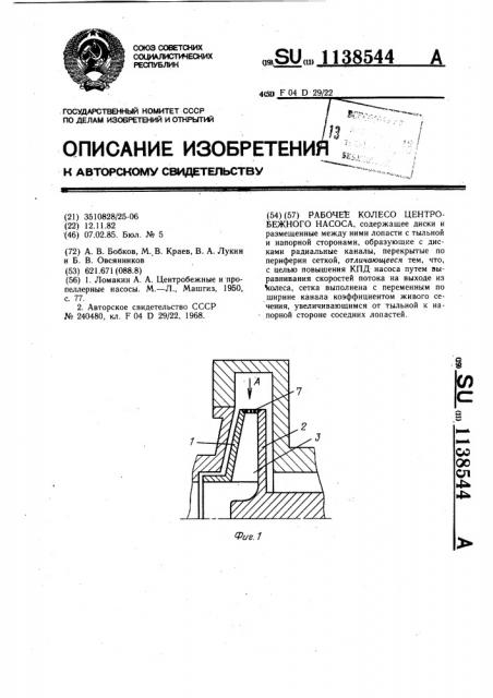 Рабочее колесо центробежного насоса (патент 1138544)