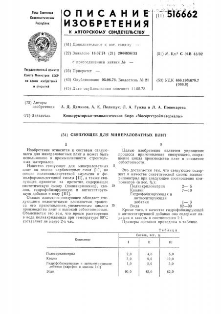 Связующее для минераловатных плит (патент 516662)