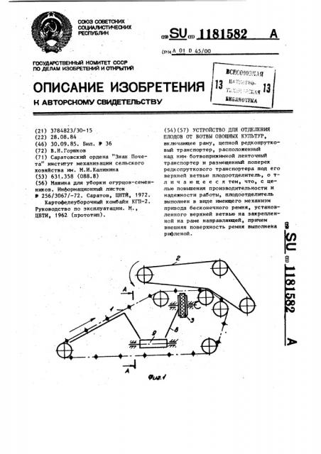 Устройство для отделения плодов от ботвы овощных культур (патент 1181582)