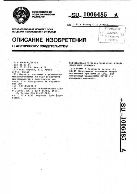 Штамм allescperia теrrеsтris 62447-продуцент целлюлаз (патент 1006485)