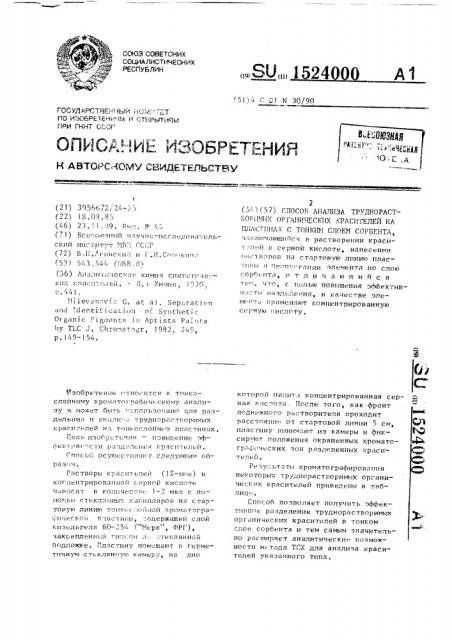 Способ анализа труднорастворимых органических красителей на пластинах с тонким слоем сорбента (патент 1524000)