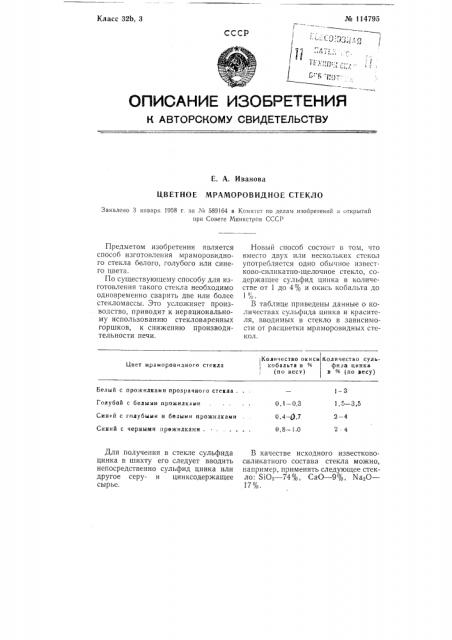 Цветное мраморовидное стекло (патент 114795)