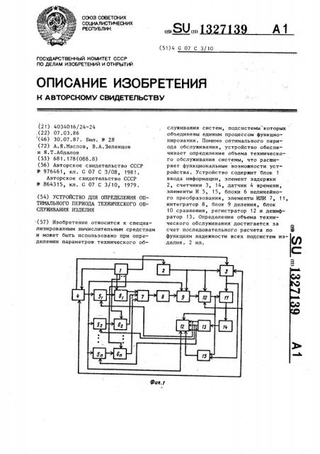 Устройство для определения оптимального периода технического обслуживания изделия (патент 1327139)