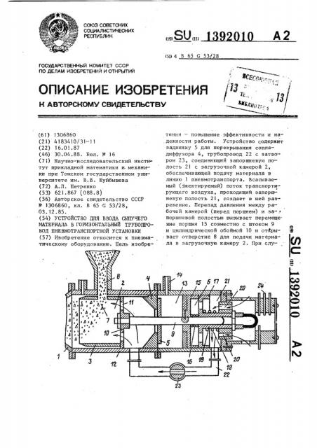 Устройство для ввода сыпучего материала в горизонтальный трубопровод пневмотранспортной установки (патент 1392010)