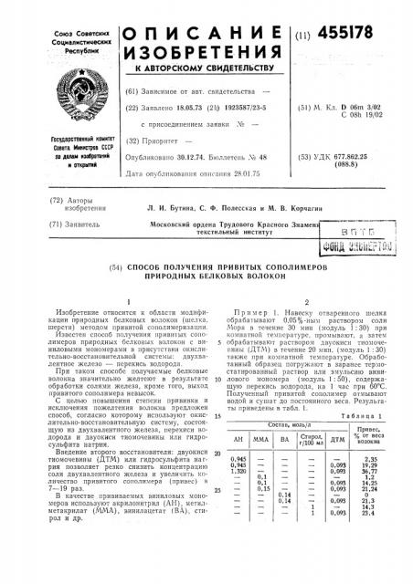 Способ получения привитых сополимеров природных белковых волокон (патент 455178)