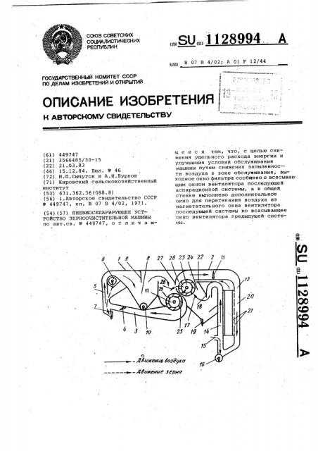 Пневмосепарирующее устройство зерноочистительной машины (патент 1128994)