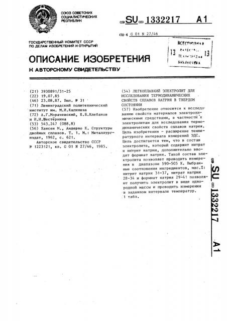 Легкоплавкий электролит для исследования термодинамических свойств сплавов натрия в твердом состоянии (патент 1332217)