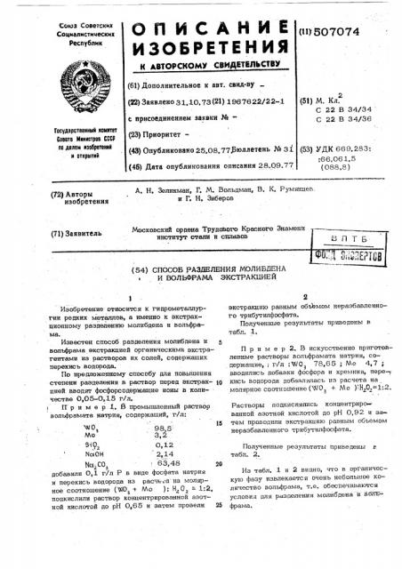 Способ разделения молибдена и вольфрама экстракцией (патент 507074)