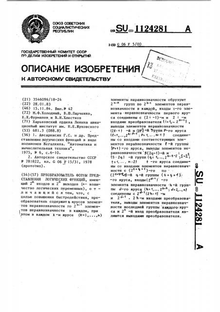 Преобразователь формы представления логических функций (патент 1124281)