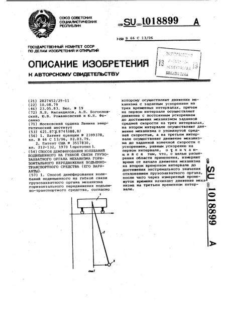 Способ демпфирования колебаний подвешенного на гибкой связи грузозахватного органа механизма горизонтального передвижения подъемно-транспортного средства (его варианты) (патент 1018899)