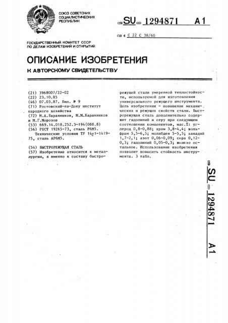 Быстрорежущая сталь (патент 1294871)