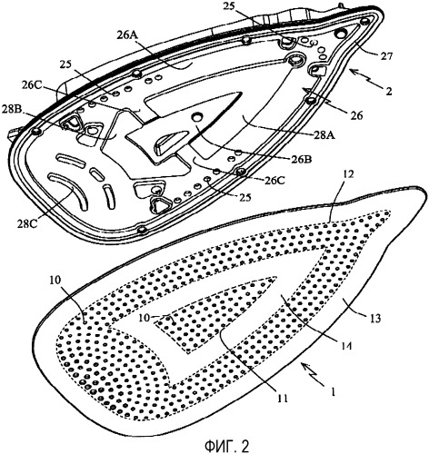 Утюг с подошвой, снабженной сетью отверстий для выхода пара (патент 2388862)