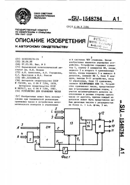 Устройство для сравнения чисел (патент 1548784)