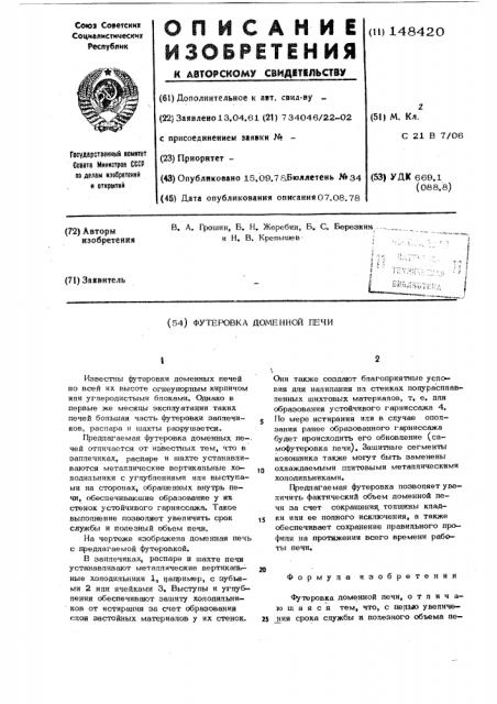 Футеровка доменной печи (патент 148420)