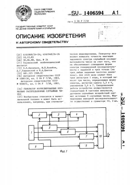 Генератор коррелированных нормально распределенных случайных чисел (патент 1406594)