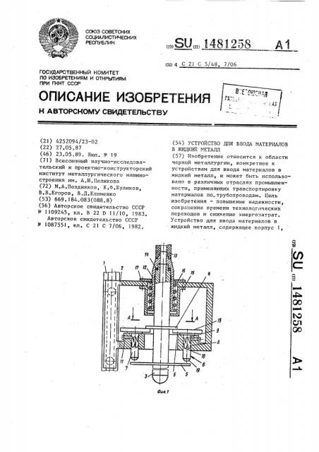 Устройство для ввода материалов в жидкий металл (патент 1481258)