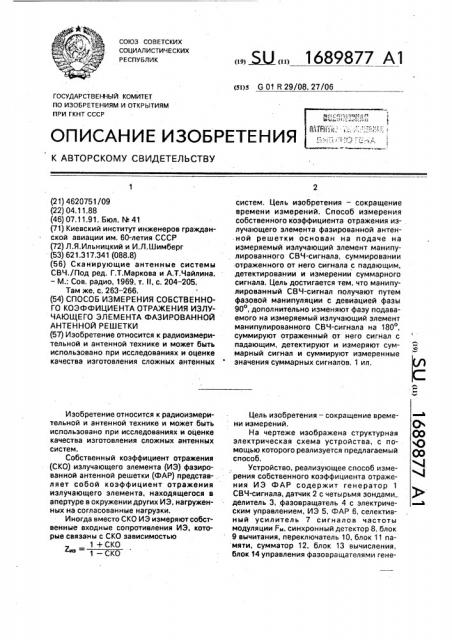 Способ измерения собственного коэффициента отражения излучающего элемента фазированной антенной решетки (патент 1689877)