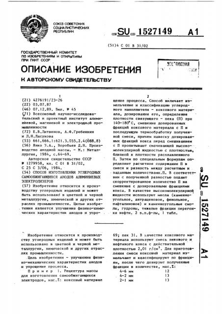 Способ изготовления углеродных самообжигающихся анодов алюминиевых электролизеров (патент 1527149)