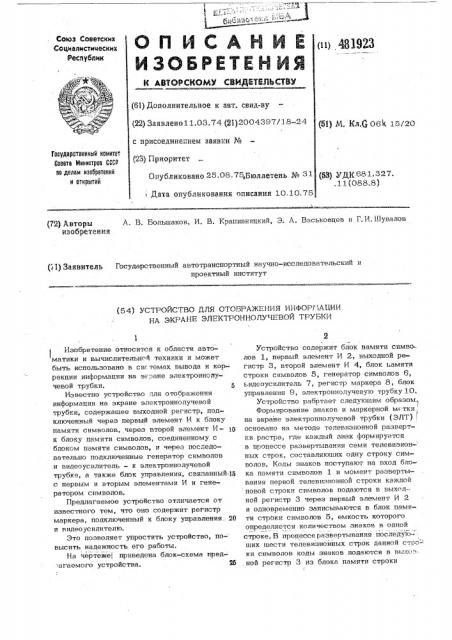 Устройство для отображения информации на экране электронно- лучевой трубки (патент 481923)