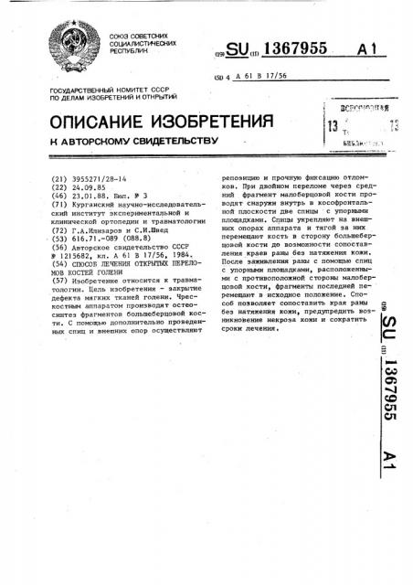 Способ лечения открытых переломов костей голени (патент 1367955)