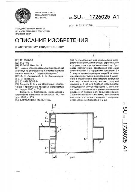 Барабанная мельница (патент 1726025)