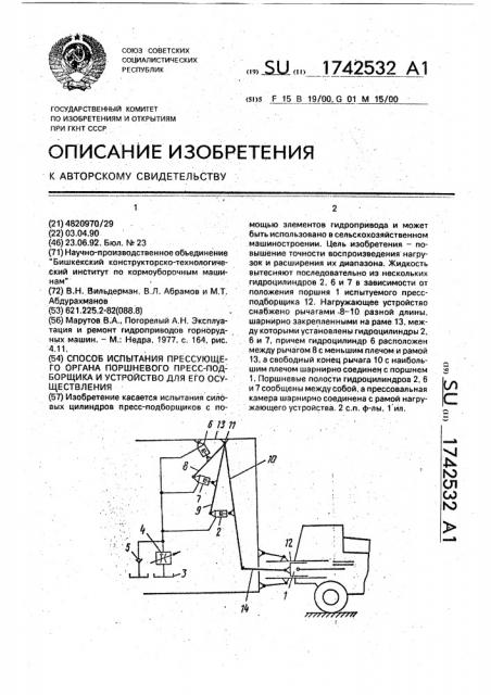 Способ испытания прессующего органа поршневого пресс- подборщика и устройство для его осуществления (патент 1742532)