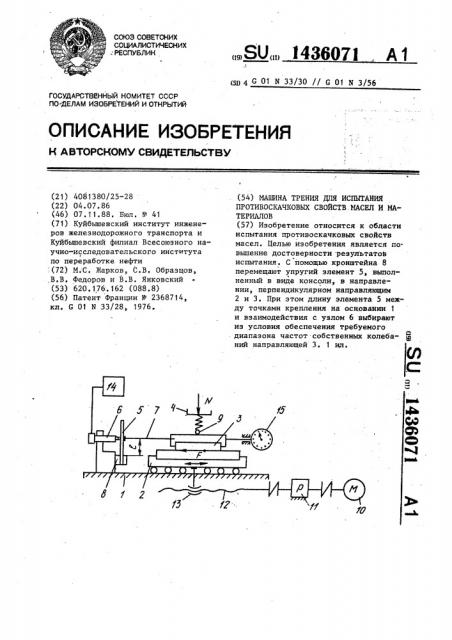 Машина трения для испытания противоскачковых свойств масел и материалов (патент 1436071)