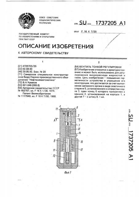 Вентиль тонкой регулировки (патент 1737205)