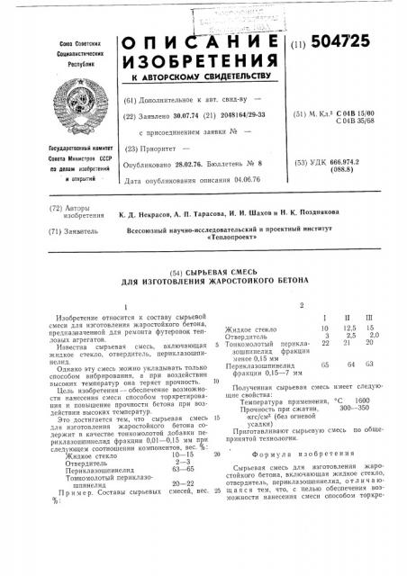 Сырьевая смесь для изготовления жаростойкого бетона (патент 504725)