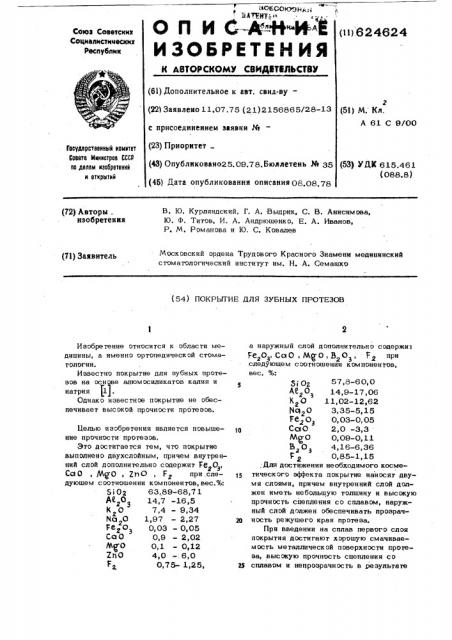 Покрытие для зубных протезов (патент 624624)