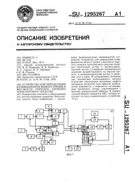 Устройство для определения коэффициентов вязкого трения и жесткости упругого элемента транспортного средства (патент 1295267)