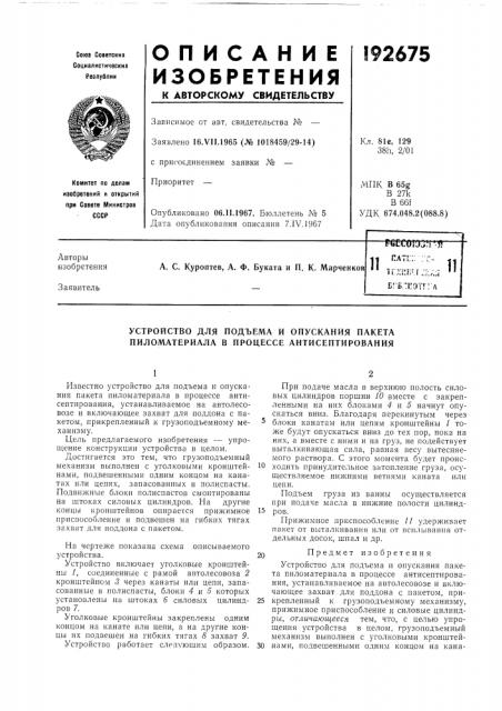 Устройство для подъема и опускания пакета пиломатериала в процессе антисептирования (патент 192675)