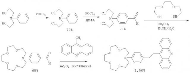 Фенилазадитиа-15-краун-5-содержащий 9-стирилакридин в качестве оптического сенсора на катионы меди (ii) и способ его получения (патент 2376333)