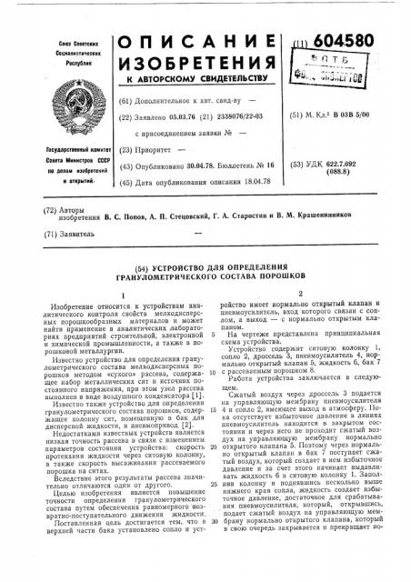 Устройство для определения гранулометрического состава порошков (патент 604580)