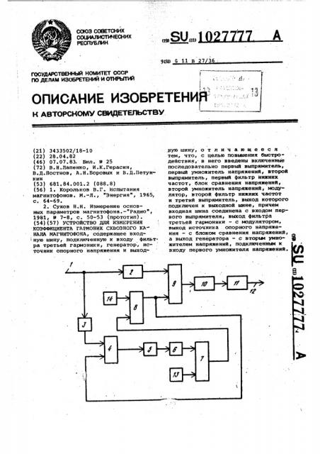 Устройство для измерения коэффициента гармоник сквозного канала магнитофона (патент 1027777)