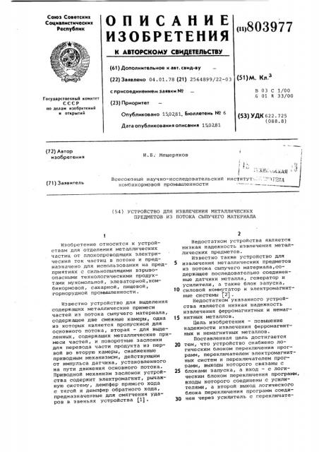 Устройство для извлечения металлическихпредметов из потока сыпучего материала (патент 803977)
