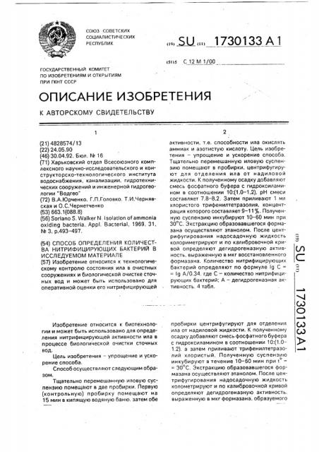 Способ определения количества нитрифицирующих бактерий в исследуемом материале (патент 1730133)