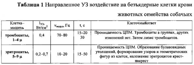 Способ акустического неинвазивного воздействия на клетки-мишени тканей животных семейства собачьих (патент 2645076)