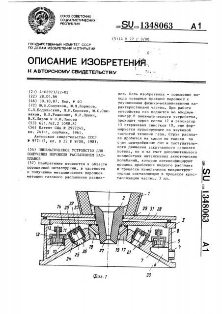 Пневматическое устройство для получения порошков распылением расплавов (патент 1348063)