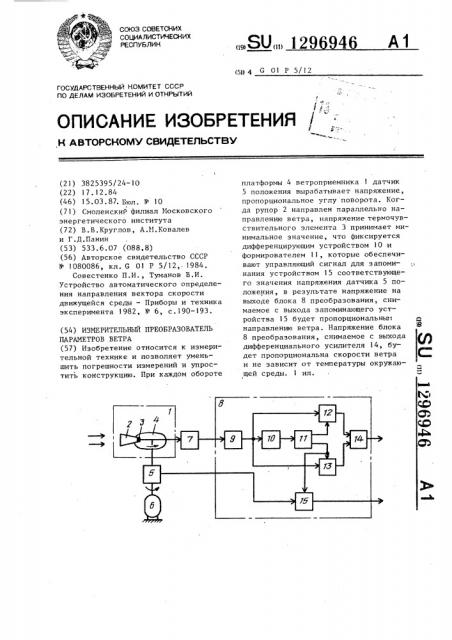 Измерительный преобразователь параметров ветра (патент 1296946)