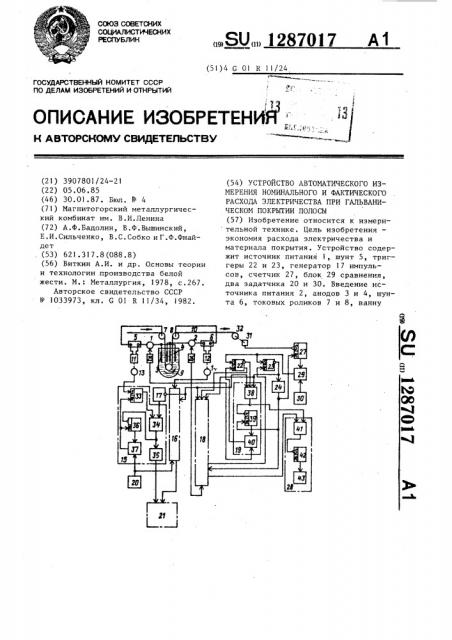 Устройство автоматического измерения номинального и фактического расхода электричества при гальваническом покрытии полосы (патент 1287017)