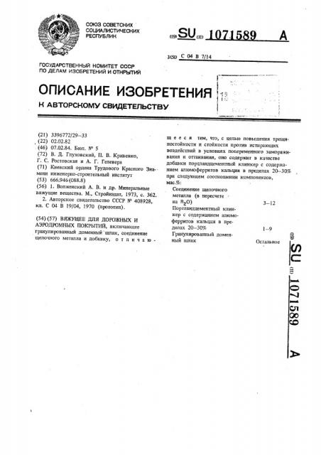 Вяжущее для дорожных и аэродромных покрытий (патент 1071589)