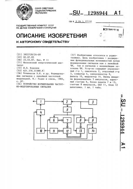 Устройство формирования частотно-модулированных сигналов (патент 1298944)